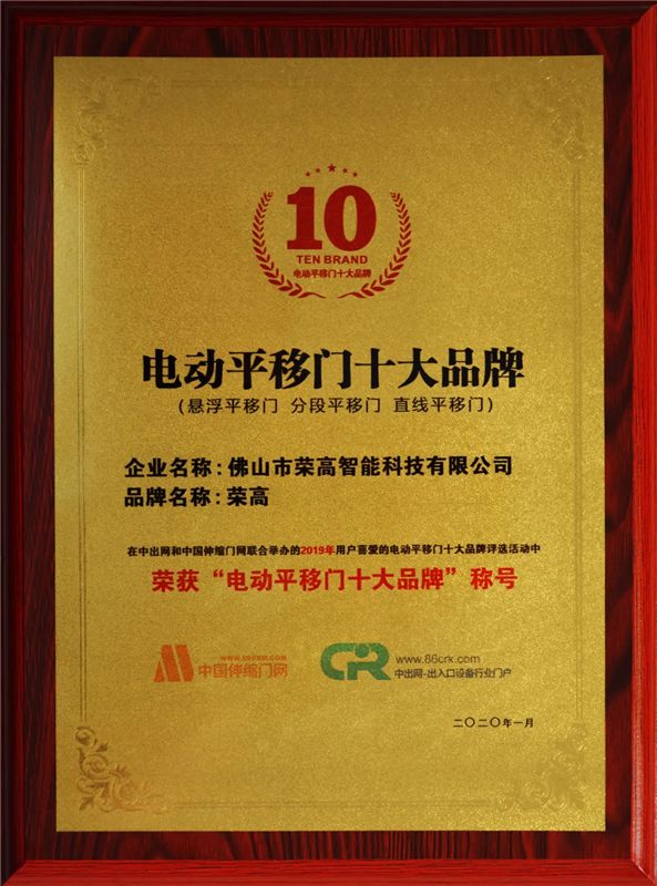 電動(dòng)平移門(mén)品牌證書(shū)